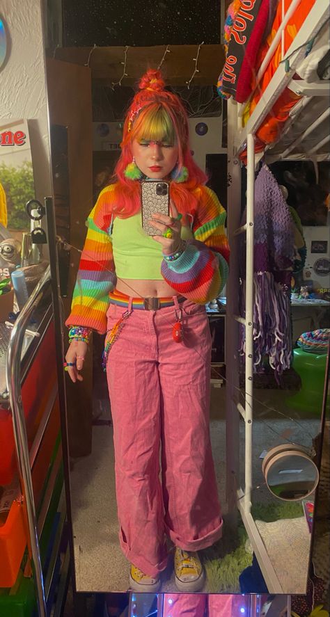 Rainbow Jeans Outfit, Rainbow Alt Outfits, Colourful Alt Outfits, Arcadecore Outfits, Rainbow Clothes Aesthetic, Rainbow Core Outfit, Primary Color Outfit, Rainbow Aesthetic Outfit, Clowncore Aesthetic Outfits