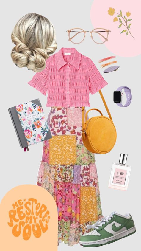 Colorful Church Outfit, Modest Outfits Colorful, Therapy Outfit Ideas, Modest Colorful Outfits, Modest Summer Outfits Christian Apostolic Fashion, Colorful Clothing Aesthetic, Colorful Modest Outfits, Funky Work Outfits Women, Modesty Fashion Christian