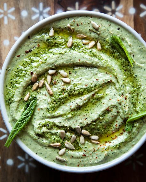 Creamy Kale Pesto White Bean Dip with Tahini & Sunflower Seeds (vegan) - The First Mess Pesto White Bean, White Bean Dip Vegan, Mediterranean Pantry, White Bean Dip Recipe, Creamy Kale, Veg Sandwich, Bean Dip Recipes, Best Food Processor, White Bean Dip