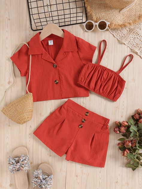 Vermelho Elegante Collar Manga Curta  Simples  Embellished Não elástico  Roupas para meninas Girls Clothes Patterns, Kids Wear Girls, Summer Outfits Kids, Plus Size Fashion For Women, Kids Outfits Girls, Dresses Kids Girl, Teenage Fashion Outfits, Toddler Girl Outfits, Cami Top