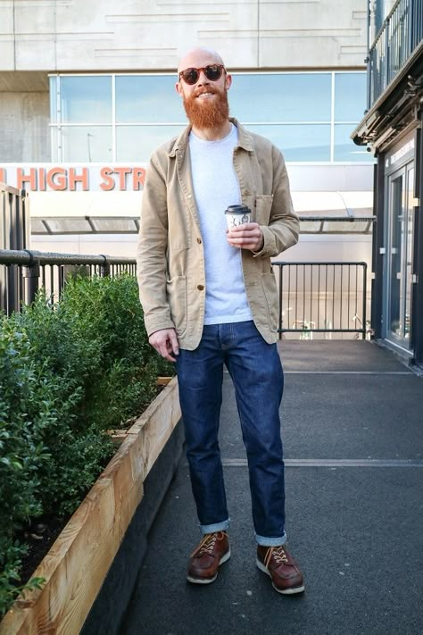 We spot Giorgio in London wearing Redwing boots and a beige worker jacket, complete with his red beard. Redwings Boots Outfit Men, Red Wing Outfit Men, Redwing Outfit, Red Wing Boots Outfit Mens Fashion, Redwing Boots Outfit, Redwing Boots Mens, Red Wings Boots Outfit, Red Wing Outfit, Redwing Boots