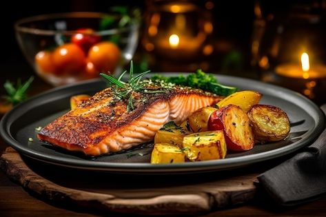 Fried salmon steak with potatoes and veg... | Premium Photo #Freepik #photo #salmon #fish-dish #grilled-fish #food-background Grilled Fish Photography, Steak With Potatoes, Fish Food Photography, Grilled Fish Fillet, Fish Steak, Potatoes And Vegetables, Sauteed Potatoes, Food Reference, Steak Dishes