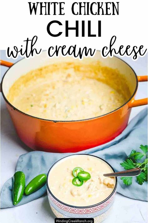 White Chicken Chili With Cream Cheese Chicken Chili With Cream Cheese, Chili With Cream Cheese, Easy White Chicken Chili, White Chili Recipe, White Chicken Chili Recipe, White Bean Chicken Chili, White Bean Chili, White Chili, White Chili Chicken Recipe