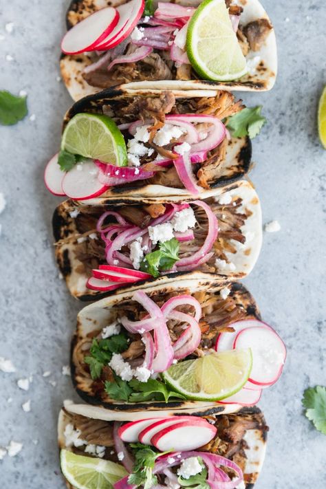 Slow Cooker Carnitas Street Tacos Tacos With Pickled Red Onions, Carnitas Street Tacos, Macaroni Chinois, Street Taco Recipe, Fresco Cheese, Queso Fresco Cheese, Slow Cooker Carnitas, Quick Pickled Red Onions, Carnitas Tacos