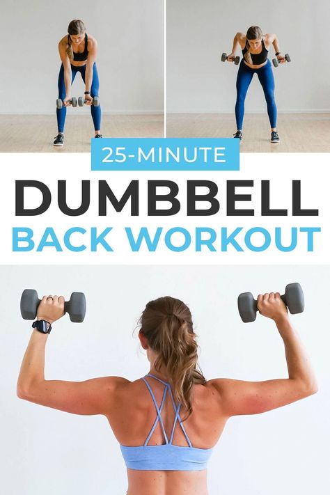 The 8 BEST back exercises for women in a 25 minute back workout! This at home workout uses a set of dumbbells to strengthen the largest muscle in your upper body, your back! Each exercise strengthens and tones the entire back, and since your back is a major metabolic muscle you'll burn calories all day after completing these 8 back exercises. Back Workout For Women, Dumbbell Back Workout, Back Workout At Home, Emom Workout, Upper Back Exercises, Back And Shoulder Workout, Back Workout Women, Good Back Workouts, Dumbell Workout