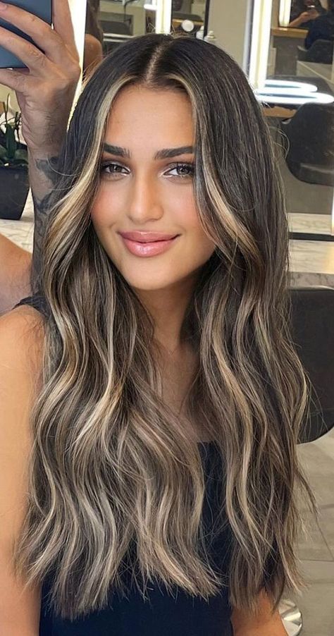 Dark Brown W Blonde Highlights, Highlight In Dark Brown Hair, Hair For Dark Features, High Contrast Blonde Balayage, Partial Blonde Highlights On Dark Hair, High Contrast Brunette Balayage, Dark Hair With Highlights And Money Piece, Balayage Hair Dark Brown To Blonde, Blonde Highlights With Dark Brown Hair