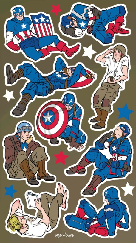 Steve Rogers sticker set - by gazdowna #HiveSurvives Making Stickers, Desain Buklet, Avengers Art, Design Comics, Steve Rogers Captain America, Marvel Tv, Stickers Sheet, Scrapbook Stickers Printable, America Art