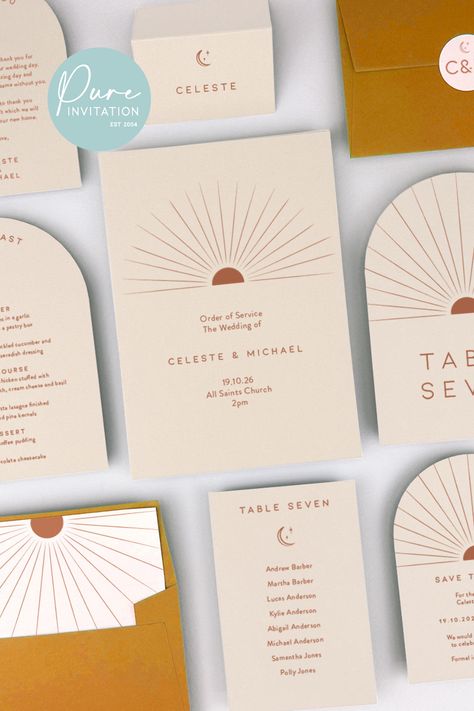 From place cards to menus all our invitation designs have a matching on the day stationery collection, as well as coordinating signage Sunset Invitation Design, Sunrise Wedding Theme, Hotel Menu Design, Sunset Themed Wedding, Sunset Wedding Invitations, Boho Themed Wedding, Celestial Wedding Theme, Hotel Menu, Sunrise Wedding