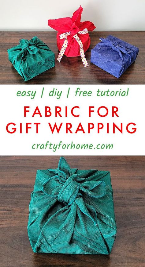 Green, red, and blue fabric for gift wrapping. Diy Fabric Wrapping Paper, Reusable Fabric Gift Wrap, Fabric Gift Wrap How To Make, How To Wrap A Gift With Fabric, Fabric Wrapped Gifts, Reusable Gift Wrapping Ideas, Wrapping Gifts With Fabric, Fabric Wrapping Ideas, Diy Reusable Gift Wrap