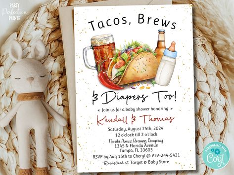 Editable Tacos Brews & Diapers Baby Shower Invitation. Brewery Summer Coed Gender Neutral Baby Shower Cards. Instant Download. TBD1011BS by partyperfectionprint on Etsy Co Ed Baby Shower Themes, Couples Baby Shower Themes, Coed Baby Shower Ideas, Unique Baby Shower Themes, Shower Cards, Coed Baby Shower, Favors Sign, Printable Baby Shower Invitations, Shower Themes