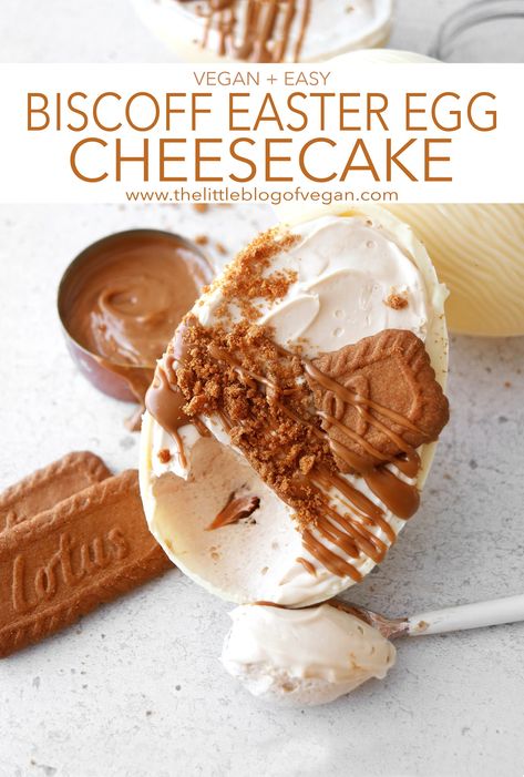 Biscoff Easter egg Cheesecake - The Little Blog Of Vegan Easter Egg Cheesecake, Easter Egg Dessert, Vegan Easter Recipes, Easter Egg Filling, Biscoff Recipes, Easter Party Food, Biscoff Cheesecake, Vegan Easter, Dairy Free Cream