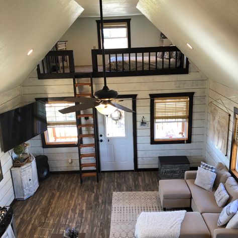 Our smaller loft in our 800sqft in our updated farmhouse style tiny home 16x20 Tiny House Floor Plans With Loft, Tiny House Interior Design Loft, Tiny Homes Aesthetic, Tiny House Chandelier, Tiny Home 16x40, Shed With Loft Interior, Tiny House Modern Farmhouse, Mini Cabins Tiny Homes, One Room Cabin With Loft