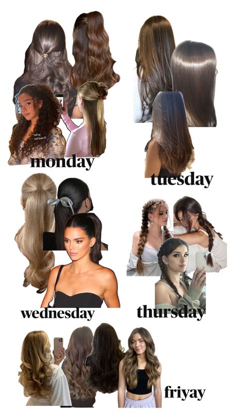 #hairstyles #hair #aesthetic Last Day Hairstyles, Cute Friday Hairstyles, What Should I Do To My Hair, Hairstyles For Every Day Of The Week, Day Of The Week Hairstyles, Early 200s Hair Styles, Hairstyles For Days Of The Week, Hair Of The Week, Monday Hairstyles For School