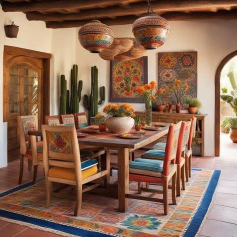 Spanish Style Dining Room Decor, Modern Mexican Farmhouse Decor, Talavera Home Decor, Mexican Style Interior Design, Mexican Interior Design Living Room, Mexican Dining Room Decor, Dining Table Art, Mexican Dining Room, Mexican Farmhouse Decor