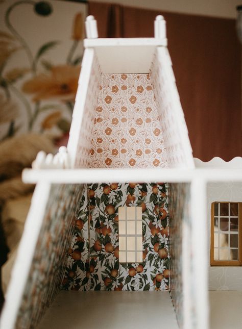 DIY: How to Wallpaper Your Dollhouse – Anewall Dollhouse Wallpaper Diy, Dolls House Wallpaper, How To Wallpaper A Dollhouse, Diy Dollhouse Wall Art, Magnolia Dollhouse Makeover, Dollhouse Painting Ideas, Redoing Dollhouse, Dollhouse Wallpaper Ideas, Diy Dollhouse Wallpaper