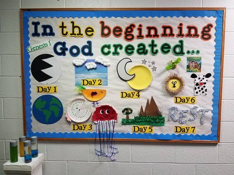 Gods Creation Bulletin Board Ideas, Sabbath School Decorations Room Ideas, Genesis Bulletin Board Ideas, Bible Theme Classroom, Bible School Room Decorations, Religion Classroom Decor, Sunday School Bulletin Boards For Kids, Church Nursery Bulletin Board Ideas, Christian Preschool Bulletin Board Ideas