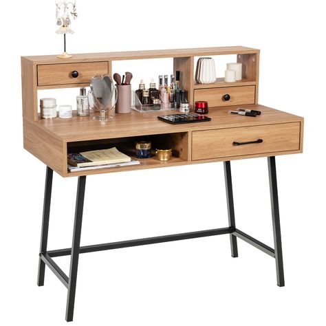 PRICES MAY VARY. 【Sufficient Storage Space】: This vanity desk features a wide tabletop, which has enough space for make-up, jewelry, or other daily supplies. On top of the table, there is a hutch consisting of two small drawers and three open compartments to place, display and store tiny items. Besides, an open shelf and a drawer also provide extra storage for your personal and prevent dust. 【Multi-purpose Desk】: This modern desk is perfectly sized for most people and fits just right in your bed 42 Inch Vanity, Modern Vanity Table, Tabletop Shelf, Desktop Shelf, Writing Desk Modern, Writing Desk With Drawers, Makeup Table Vanity, Make Up Desk Vanity, 110 Lbs