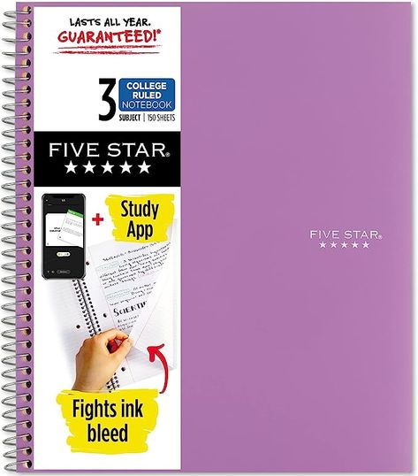 Five Star Notebook, Notebook Study, Purple Cover, College Ruled Paper, Pretty School Supplies, Ink Bleed, School Bag Essentials, College School Supplies, School Supplies Shopping