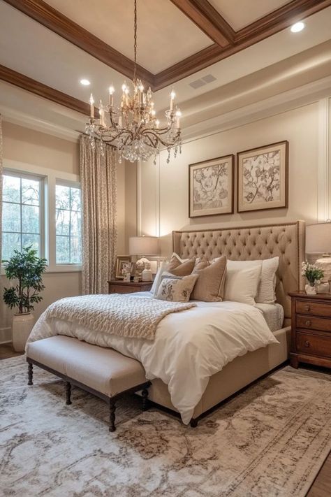 Bring a sense of timeless elegance to your bedroom with traditional design elements. Opt for classic furniture, like a four-poster bed or an ornate dresser, and rich, luxurious fabrics in neutral or deep jewel tones. Incorporate vintage accessories, textured curtains, and cozy, plush bedding to complete the look. 🛏🕯#TraditionalBedroom #ClassicStyle #TimelessDecor Cozy Bedroom Traditional, Traditional Home Interiors Bedroom, Old Money Bedroom Decor, Old World Bedroom Ideas, Vintage Guest Bedroom Ideas, Elegant Room Aesthetic, Old Money Aesthetic Bedroom, Bedroom Classic Luxury, Rooms Bloxburg