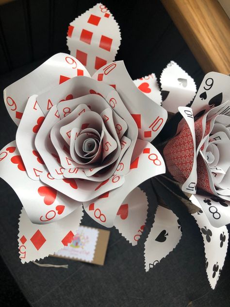 Playing Card Roses X2 Bottle Vase, Alice in Wonderland Themed Roses, Poker Night Decor, Casino Themed Party, - Etsy UK Cards Party Decorations, Deck Of Cards Themed Party, Playing Cards Decoration Party Ideas, Deck Of Card Crafts, Casino Theme Rehearsal Dinner, Gothic Alice In Wonderland Tea Party, Casino Theme Dinner Party, Casino Prom Theme Decor, Casino Night Prom Theme