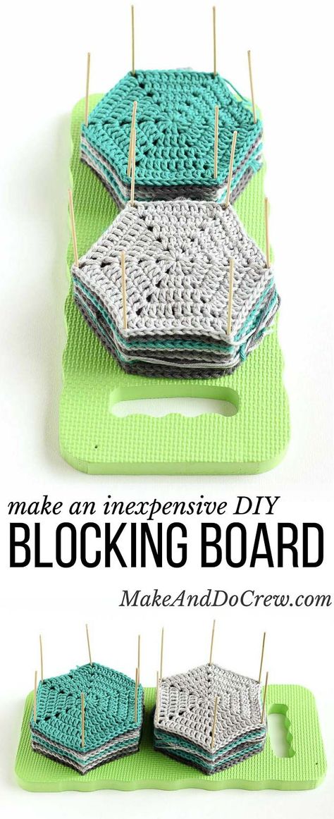 Learn how to block crochet or knit hexagons or granny squares with this incredibly easy and inexpensive DIY blocking board (made from a garden kneeling pad!) Click for full tutorial. | MakeAndDoCrew.com Diy Blocking Board, Virkning Diagram, Block Crochet, Granny Square Haken, Kneeling Pad, Confection Au Crochet, Crochet Tools, Crochet Blocks, Crochet Simple