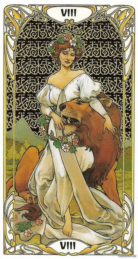 Golden Art Nouveau Tarot Tarot Strength, Art Nouveau Tarot, Tarot Cards Art Illustration, Leo Tarot, Strength Tarot, Tarot Card Tattoo, Tarot Tattoo, Golden Art, Tarot Gratis