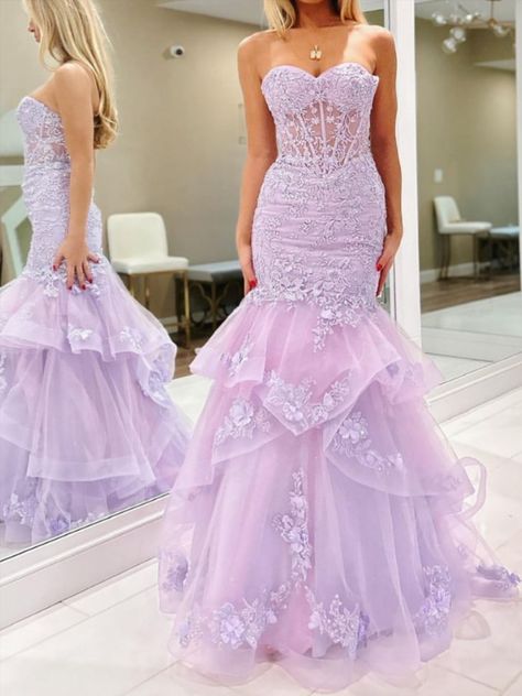 Prom Dresses Lavender, Purple Ball Gown, Sleeveless Mermaid Dress, Popular Prom Dresses, Matric Dance, Beaded Mermaid, Strapless Long Dress, Snow Ball, Ruffle Beading