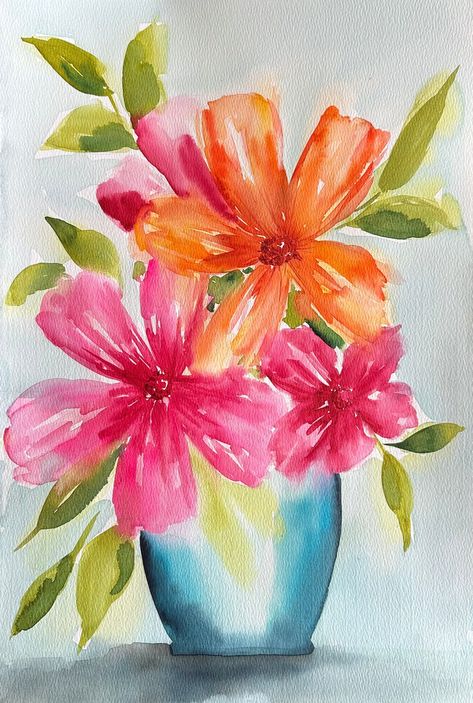 Original Watercolor Painting, Loose Watercolor, Loose Floral Painting, Watercolor Flowers Wall Art flower Frenzy 12x18 - Etsy Water Coloring Painting Ideas, Flower Watercolor Paintings, Floral Design Painting, Painting Watercolor Flowers, Country Watercolor, Flower Watercolor Art, Watercolor Loose, Flowers In Watercolor, Loose Watercolor Paintings