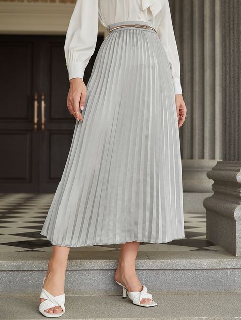 Light Grey Elegant   Satin Plain Pleated Embellished Non-Stretch Spring/Summer/Fall Women Bottoms Light Grey Skirt Outfit, Gray Pleated Skirt Outfit, Gray Skirt Outfit, Pleated Skirt Outfits, Light Grey Skirt, Satin Pleated Skirt, Grey Pleated Skirt, Women Bottoms, Pleated Long Skirt