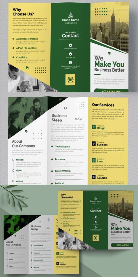 Business Trifold Brochure Design Template Layouts Corporate Identity Trifold Layout Design, Corporate Document Design Layout, Nonprofit Brochure Design, Beautiful Brochure Design, Minimalistic Brochure Design, Business Trifold Brochure, Nature Brochure Design, Course Brochure Design, Corporate Layout Design