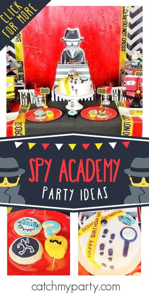 Investigators Birthday Party, Spy Cakes Birthday, Fbi Birthday Party, Spy Themed Party, Spy Birthday Party Ideas For Kids, Spy Party Decorations, Spy Birthday Cake, Spy Cookies, Spy Party Food