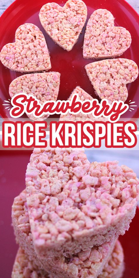 Strawberry Valentine Rice Krispie Treats Valentine’s Rice Krispie Treats, Rice Krispies Valentines Treats, Homemade Rice Krispies Treats Valentines Day, Rice Crispy Treats Valentines Day, Rice Krispie Hearts Valentine Treats, Heart Rice Krispie Treats Valentines Day, Pizza Rice Krispie Treats, Vday Snacks For Kids, Valentine’s Day Rice Krispie Treats