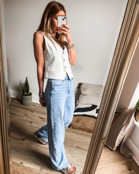 High low dressing 101: take this tailored-to-perfection waistcoat, add a pair of relaxed-fit wide-leg jeans and finish the look with metallic flatform sides. Now you're ready for ANY occasion! . . . #outfitoftheday #minimalstyle #springfashion #mumstyle #fashionover30 #fashionover40 #manchesterfashion #stylist #ukstyle #waistcoat #widelegjeans #summeroutfit #howtostyle #waistcoatoutfit Waistcoat And Jeans Outfit, Waistcoat And Jeans, Waistcoat With Jeans, Waistcoat Outfit, Mum Fashion, Summer Jeans, Wide Jeans, Shoe Fits, Fashion Over 40