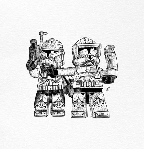 Lego Star Wars Tattoo Ideas, Star Wars Clone Wars Tattoo Sleeve, Starwars Lego Tattoo, Lego Stormtrooper Tattoo, Chewbacca Tattoo Small, R2d2 And C3po Tattoo, Black And White Star Wars Tattoo, 501st Tattoo Ideas, Star Wars Prequel Tattoo