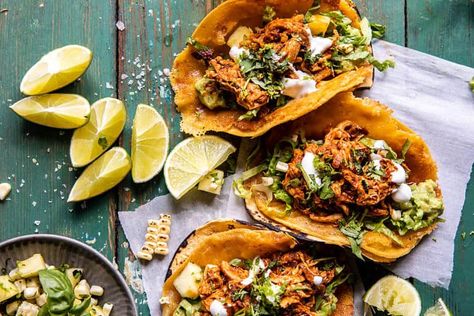 30 Minute Crispy Cheese Chicken Tinga Tacos with Pineapple Salsa. Chicken Tinga Tacos Half Baked Harvest, Crispy Cheese Chicken, Chicken Tinga Tacos, Tacos With Pineapple Salsa, Tinga Tacos, Tacos With Pineapple, Chicken Tinga, Half Baked Harvest Recipes, Homemade Enchilada Sauce