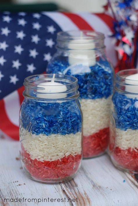 Over 35 Patriotic Party Ideas! Crafts, DIY Decorations, fun food treats and Recipes. Perfect for Memorial Day, Fourth of July and Labor day fun or summer fun - www.kidfriendlythingstodo.com Usa Party, Fourth Of July Decorations, Fourth Of July Food, July Wedding, Patriotic Crafts, 4th Of July Celebration, Jar Candles, Mason Jar Candles, 4th Of July Decorations