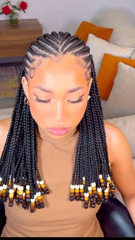 Braided Hairstyles With Cornrows, Cute African Braids, Cornrows Styles With Beads, All Back Cornrow Braids, Corn Roll Box Braids, Cornrows At The Front Braids At The Back, Cornrows And Singles In The Back, Braids For Summer 2024, Braided Hairstyles On Straight Hair