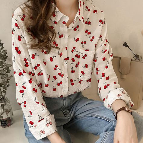 Arrives by Wed, Oct 11 Buy Ichuanyi Fall Tops for Women Clearance 2022 Lady Fashion Women Top Retro Printing Long Sleeve Lapel Casual Shirt Blouse at Walmart.com Basic Streetwear, Lady Fashion, Loose Shirt, Streetwear Tops, Tops Fashion, Cherry Print, Loose Tops, Women Shirts Blouse, Tops Fall