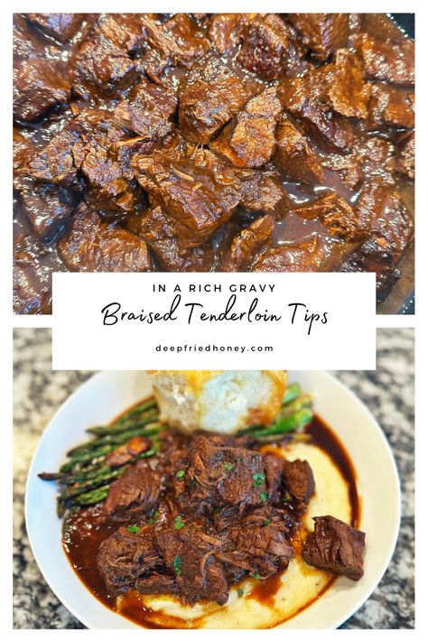 Braised Steak Tips, Beef Tenderloin Soup, Braised Beef Tips Recipes, Tenderloin Tips Recipe Crockpot, Beef Tenderloin Pieces Recipes, Beef Tenderloin Leftovers, Braised Beef Tenderloin, Small Beef Tenderloin Recipes, Tenderloin Beef Recipes