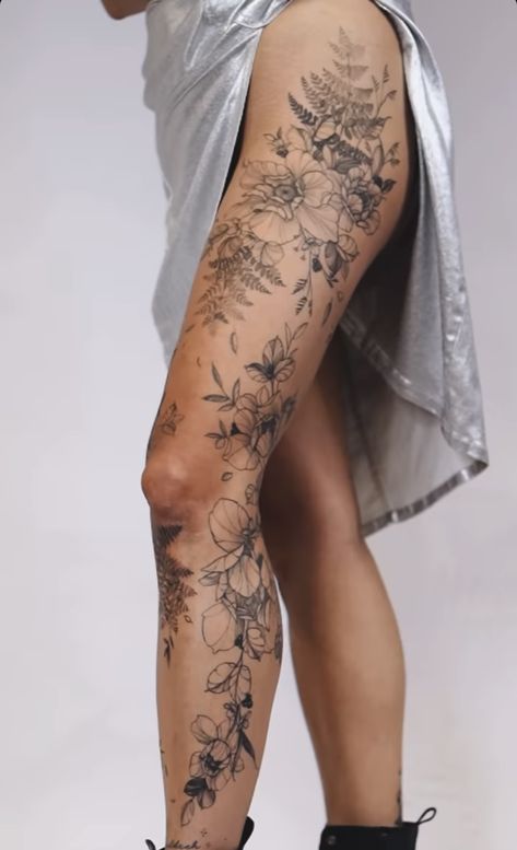 Linework Tattoo Flower, Nature Leg Sleeve Women, Women Quad Tattoo, Ornamental Leg Tattoo Women, Ankle Leg Tattoo For Women, Feminine Calf Tattoo, Feminine Leg Sleeve Tattoo, Plant Leg Tattoo, Wrap Around Leg Tattoo Women