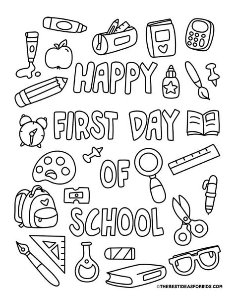 Happy First Day of School Coloring Page First Day Of School Coloring Page, Writing Practice Kindergarten, Arts And Crafts For Kids Easy, Back To School Coloring Pages, Arts And Crafts For Kids Toddlers, Summer Preschool Crafts, Spring Crafts Preschool, Happy First Day Of School, Homeschool Preschool Activities