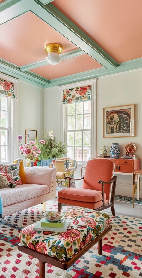 This exploration came from my curiousity making my living area in my o... | TikTok Colored Coffered Ceiling, Colorful Luxury Home Interior, Paint Tiktok, Common Living Room, Paint The Ceiling, Colorful Rooms, Eclectic Homes, Southern Home Interior, Dorothy Draper