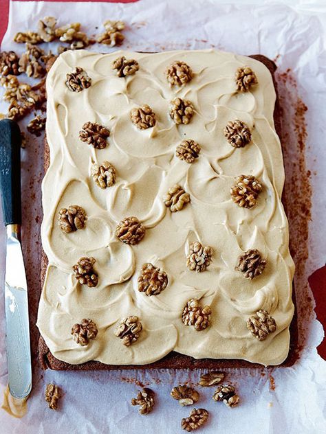 Mary Berry's classic Coffee and Walnut Traybake recipe | HELLO! Mary Berry Cakes, Coffee And Walnut Cake, Mary Berry Recipe, Cold Cake, Tray Bake Recipes, Tray Bake, Walnut Cake, Berries Recipes, Mary Berry