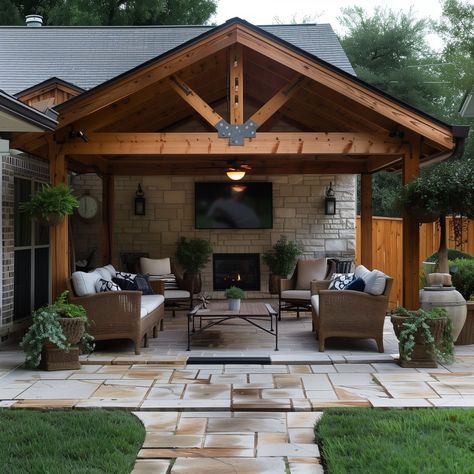 Patio Cover With Fireplace, Grill Covered Patio, Open Living Room To Backyard, Back Covered Patio Ideas On A Budget, Covered Patio Detached From House, Covered Patio Vaulted Ceiling, Back Deck Overhang Ideas, Freestanding Outdoor Covered Patio Ideas, Attached Gazebo Ideas