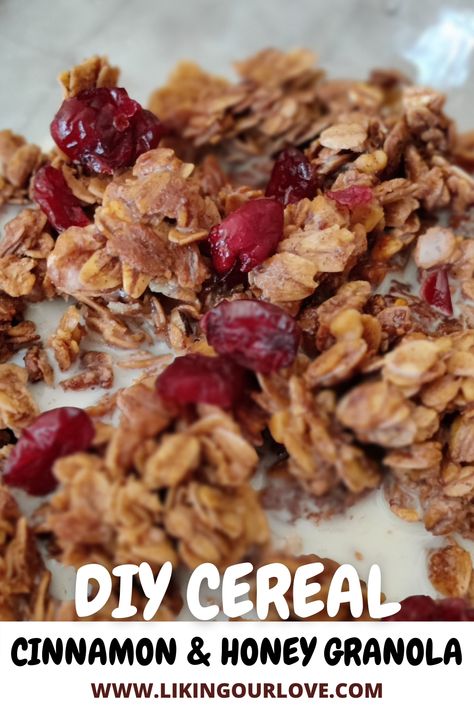 Easy DIY granola cereal that tastes like a cookie! Serve it in a bowl with milk, on top of yogurt, or on its own as a tasty snack. #cereal #granola #cinnamon #honey #likingourlove Homemade Special K Cereal, Diy Granola Cereal, Homemade Gluten Free Cereal, Diy Healthy Cereal, Home Made Cereal Recipes, Cereal Recipes Homemade, Prairie Kitchen, Stockpile Food, Diy Cereal