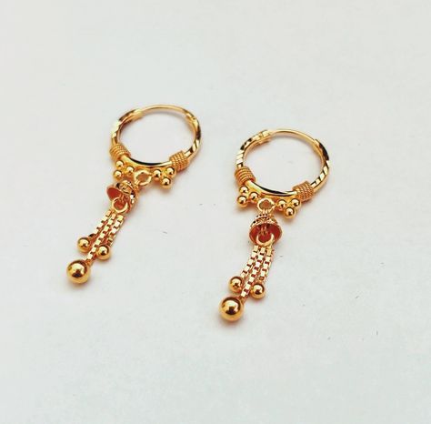 22k Gold Hoops With Dangling Chain Solid Gold Hoops - Etsy India Jewelry Gold Earrings, Unique Hoop Earrings, Indian Gold Jewelry, Gold Nose Hoop, Gold Earrings Models, Gold Nose Rings, Small Gold Hoops, 13 Days, Gold Jewelry Indian