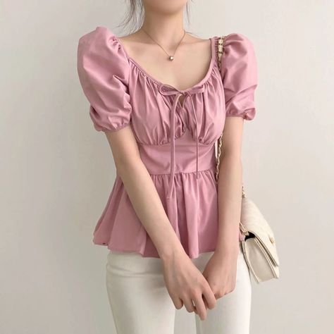 Pink Peplum Top Outfit, Ready To Wear Tops, Peplum Top Outfits, Soft Outfits, Cute Korean Outfits, Pink Peplum Top, Pink Clothes, Soft Girl Outfits, Top Korean