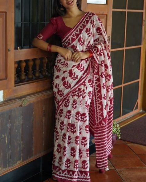 ***SOFT PURE CHANDERI COTTON SAREE with hand block batik rose prints ~Cotton tassles on pallu ~Blouse- running hand block printed chanderi cotton blouse ~Saree- 5.5 meters ~Blouse-1 meter. CODE: HPOO1447 **Humble Pleats offers ALL INDIA FREE SHIPPING **Accepts online payments. Do not offer exchanges, cash on delivery, or returns - except for damaged products. In the case of a damaged product, it must be in its original condition in order to be eligible for a return.***Light smudges, mi... Batik Print Saree, Cotton Printed Saree, Chanderi Cotton Saree, Soft Cotton Saree, Onam Saree, Saree Styling, Rose Prints, Onam Festival, Saree Traditional