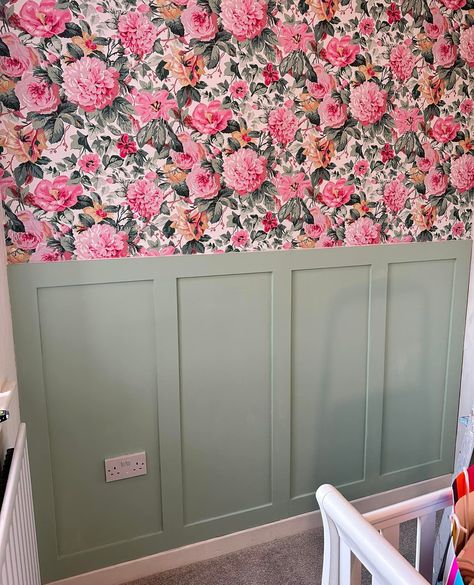 Custom height panelling is perfect for rooms you would still like to add wallpaper to. This hallway has the best of both worlds with its vibrant floral wallpaper and our panelling painted in a pale green 💚🩷 Thank you to Rachel who posted this in our Facebook group! Floral Wallpaper And Panelling, Wallpaper And Panelling Bedroom, Dado Rail Bedroom, Wallpaper And Panelling, Panelling And Wallpaper, Panelling With Wallpaper, Add Wallpaper, Hallway Panelling, Hallway Wallpaper