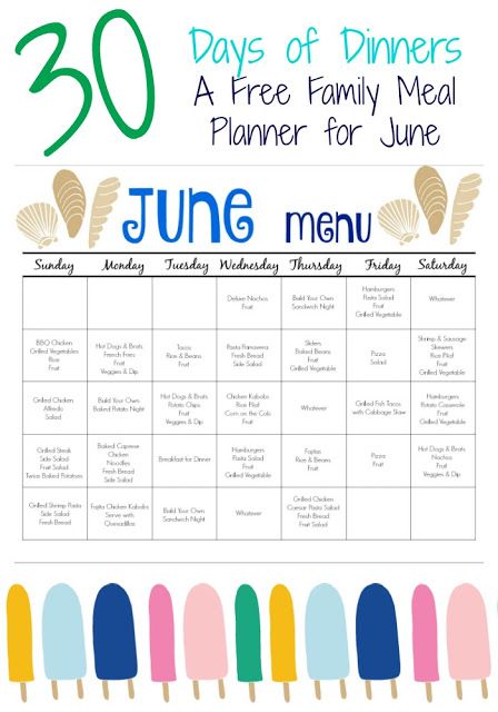 June Meal Plan for Families (& Free Printable) || The Chirping Moms June Meal Plan, Weekly Meal Plan Family, Free Family Printables, Family Meal Planner, Meal Calendar, Weekly Dinner Menu, Meal Schedule, Meal Planning Menus, Daycare Menu